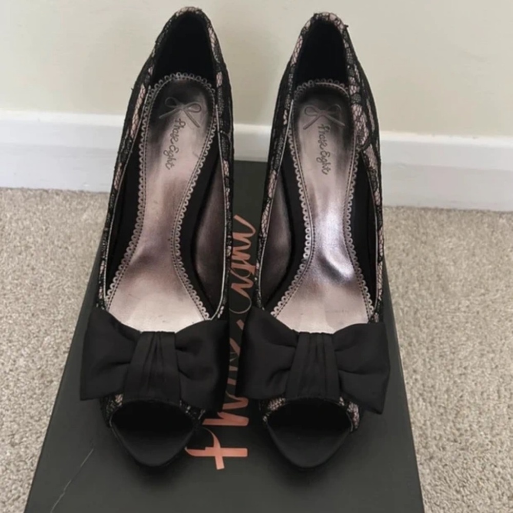 Elegant Black Lace Peep-Toe Heels with Bow